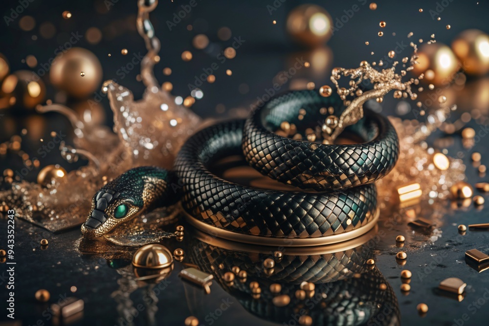 Wall mural Happy New Year 2025. The symbol of the year is a snake made of gold metal, confetti and sequins on a black background. A festive poster or banner for a party and New Year's Eve.