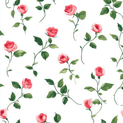 Seamless, Rose pattern, Hand-drawn roses, Minimalist design, Green leaves, Realistic colors, Simple drawing, White background, Negative space, Decorative design, Vector pattern, Nature inspired, Delic