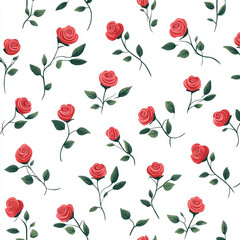 Seamless, Rose pattern, Hand-drawn roses, Minimalist design, Green leaves, Realistic colors, Simple drawing, White background, Negative space, Decorative design, Vector pattern, Nature inspired, Delic
