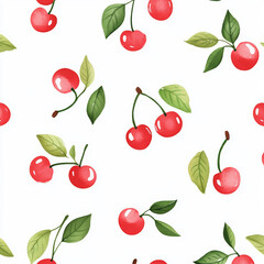 Seamless, Cherry pattern, Hand-drawn cherries, Minimalist design, Green leaves, Realistic colors, Simple drawing, White background, Negative space, Decorative design, Vector pattern, Nature inspired, 