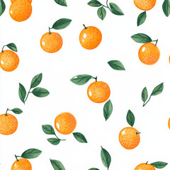 Obraz premium Seamless, Orange pattern, Hand-drawn oranges, Minimalist design, Green leaves, Realistic colors, Simple drawing, White background, Negative space, Decorative design, Vector pattern, Nature inspired, D