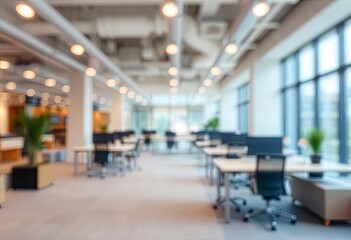 Blurred empty open space office. Abstract light bokeh at office interior background for design, ai