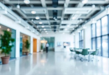 Blurred empty open space office. Abstract light bokeh at office interior background for design, ai