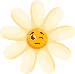 Funny winking daisy flower character with yellow face and big eyes, spring plant with cute emotion for mascot or children book design