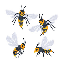 Four different cartoon style wasps flying and crawling with spread wings in different positions