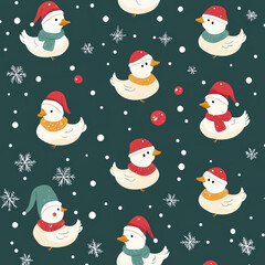 Seamless, Christmas pattern, Hand-drawn call ducks, Festive colors, Minimalist design, Cute ducks, Red, Green, White, Christmas theme, Simple drawing, White background, Negative space,