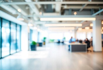 Blurred empty open space office. Abstract light bokeh at office interior background for design, ai