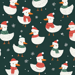 Seamless, Christmas pattern, Hand-drawn call ducks, Festive colors, Minimalist design, Cute ducks, Red, Green, White, Christmas theme, Simple drawing, White background, Negative space,