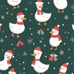 Seamless, Christmas pattern, Hand-drawn call ducks, Festive colors, Minimalist design, Cute ducks, Red, Green, White, Christmas theme, Simple drawing, White background, Negative space,