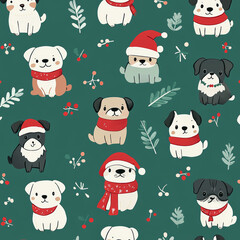 Obraz premium Seamless, Christmas pattern, Hand-drawn dogs, Festive colors, Minimalist design, Cute dogs, Red, Green, White, Christmas theme, Simple drawing, White background, Negative space, Decorative design