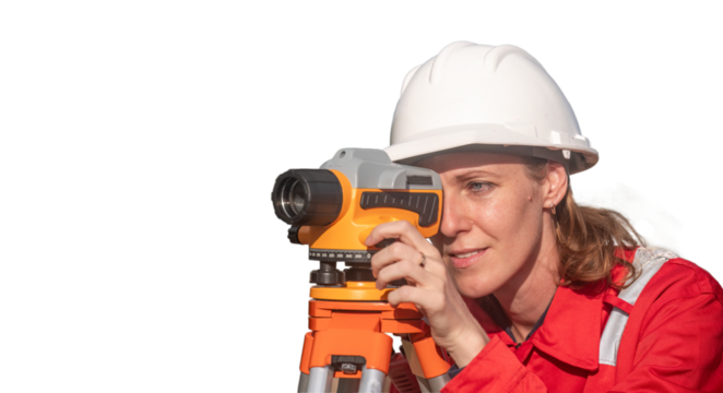 Surveyor engineers team wearing safety uniform and blueprint checking inspection by theodolite telescope to measurement level position railway construction site is industry transportation concept.