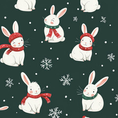 Seamless, Christmas pattern, Hand-drawn rabbits, Festive colors, Minimalist design, Cute rabbits, Red, Green, White, Christmas theme, Simple drawing, White background, Negative space, Decorative desig