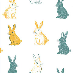 Seamless, Rabbit pattern, Hand-drawn rabbits, Pastel colors, Minimalist design, Cute rabbits, Soft colors, Simple drawing, White background, Negative space, Decorative design, Vector pattern, Nature i