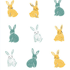 Obraz premium Seamless, Rabbit pattern, Hand-drawn rabbits, Pastel colors, Minimalist design, Cute rabbits, Soft colors, Simple drawing, White background, Negative space, Decorative design, Vector pattern, Nature i