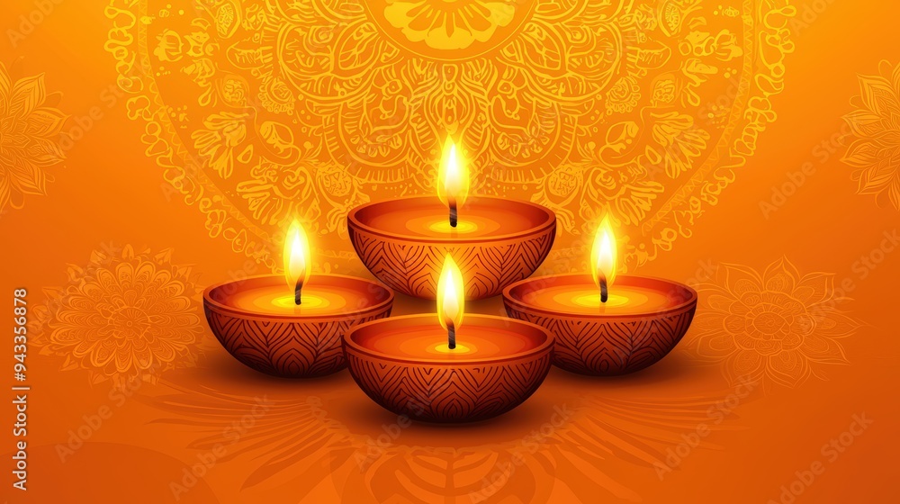 Poster Four lit diyas on orange background