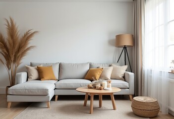 Cozy Modern Boho Living Room Interior Design: Light Gray Sofa, Wooden Table, and Natural Decor 