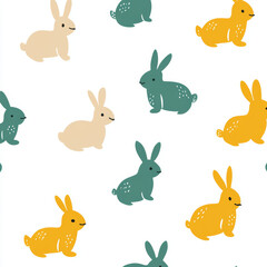 Seamless, Rabbit pattern, Hand-drawn rabbits, Pastel colors, Minimalist design, Cute rabbits, Soft colors, Simple drawing, White background, Negative space, Decorative design, Vector pattern, Nature i