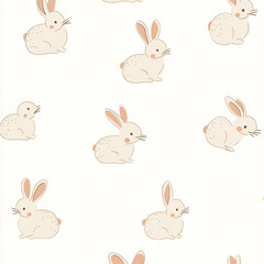 Seamless, Rabbit pattern, Hand-drawn rabbits, Pastel colors, Minimalist design, Cute rabbits, Soft colors, Simple drawing, White background, Negative space, Decorative design, Vector pattern, Nature i