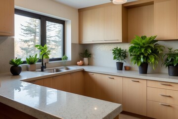 Modern Kitchen with L-Shaped Countertop, Cabinets, and Plants
