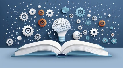 Open Book with Light Bulb Brain and Gears, Concept of Knowledge, Creativity, and Innovation