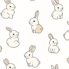 Seamless, Rabbit pattern, Hand-drawn rabbits, Pastel colors, Minimalist design, Cute rabbits, Soft colors, Simple drawing, White background, Negative space, Decorative design, Vector pattern, Nature i