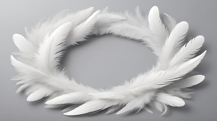 Obraz premium image of a bunch of soft fluffy white feathers arranged in a circular pattern on an isolated plain light gray background.