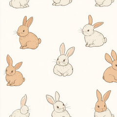 Seamless, Rabbit pattern, Hand-drawn rabbits, Pastel colors, Minimalist design, Cute rabbits, Soft colors, Simple drawing, White background, Negative space, Decorative design, Vector pattern, Nature i