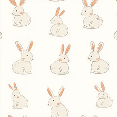 Seamless, Rabbit pattern, Hand-drawn rabbits, Pastel colors, Minimalist design, Cute rabbits, Soft colors, Simple drawing, White background, Negative space, Decorative design, Vector pattern, Nature i