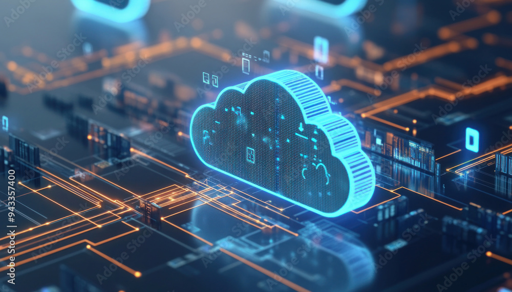 Poster cloud computing technology symbolized by glowing cloud on circuit board