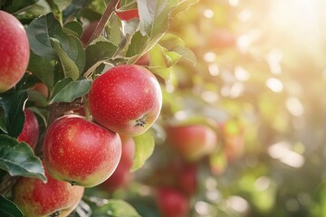 Obraz premium Red apples on tree ready to be harvested. Ripe red apple fruits in apple orchard. Selective focus. Generative Ai