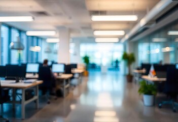 Beautiful blurred background of a light modern office interior with panoramic windows and beautiful lighting, ai