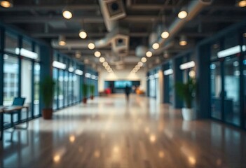 Fototapeta premium Beautiful blurred background of a light modern office interior with panoramic windows and beautiful lighting, ai
