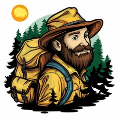 Bearded Man in Yellow Jacket and Hat with Backpack in Forest