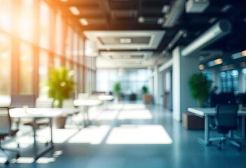 Fototapeta premium Beautiful blurred background of a light modern office interior with panoramic windows and beautiful lighting, ai