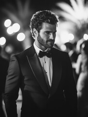 Groom in Tuxedo at Nighttime Event