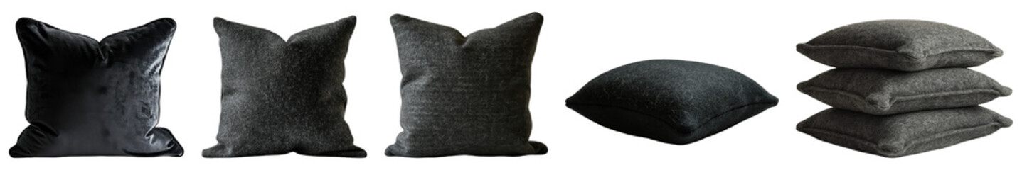 Set of Black and Grey Accent Pillows in Various Fabrics.