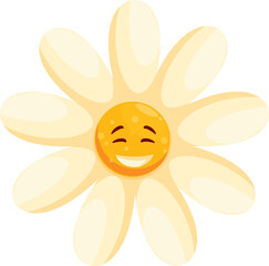Cartoon daisy flower is smiling with closed eyes, bringing joy and happiness