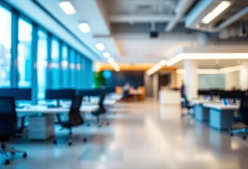 Beautiful blurred background of a light modern office interior with panoramic windows and beautiful lighting, ai