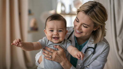Female pediatrician stands in middle of bright hospital room and looks at camera. Adult doctors holds baby. Little boy looks at camera and holds hand of medic. Medical staff at work in modern clinic.