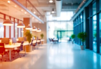 Beautiful blurred background of a light modern office interior with panoramic windows and beautiful lighting, ai
