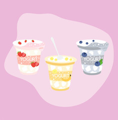 Illustration of yoghurts delicious on a light purple background.