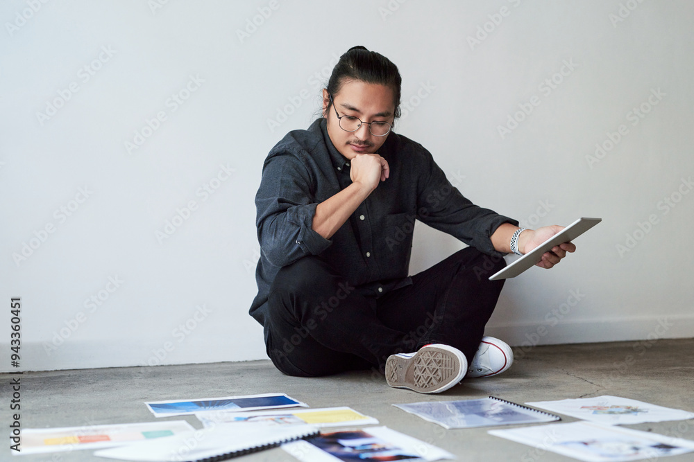 Poster Thinking, tablet and Asian business man with creative solution, problem solving or planning with paper on floor. Idea, tech and graphic designer in startup office for decision or project inspiration