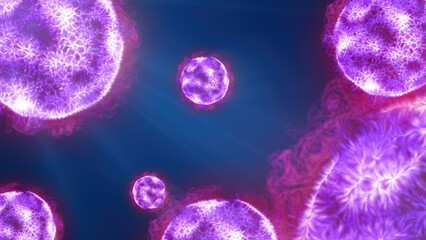 A vibrant depiction of glowing purple spheres, resembling microscopic particles or cells, floating in a deep blue space illuminated by soft rays of light