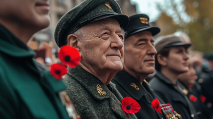 A solemn military gathering honoring veterans, showcasing unity and remembrance with poppies adorning their uniforms.