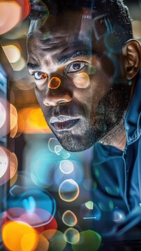 A programmer with a serious expression looks intensely at a computer screen, illuminated by colorful city lights at night. He appears to be deeply engrossed in coding complex AI algorithms