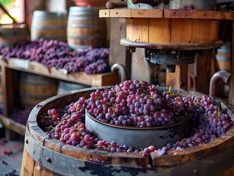 Grapes being crushed in a traditional wine press surrounded by wooden barrels in a rustic winery setting during harvest season