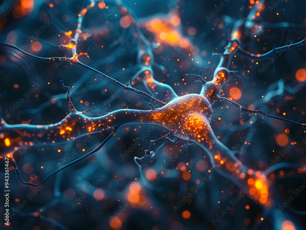 Poster colorful depiction of a neuron with glowing synapses illustrating neural connections in a digital fo