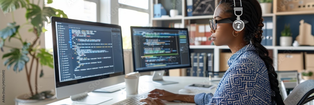 Poster focused female developer coding on dual monitors productivity and expertise in a modern office