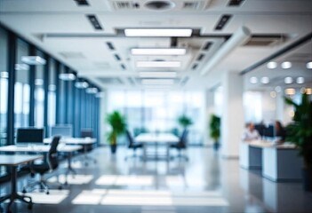 Beautiful blurred background of a light modern office interior with panoramic windows and beautiful lighting, ai