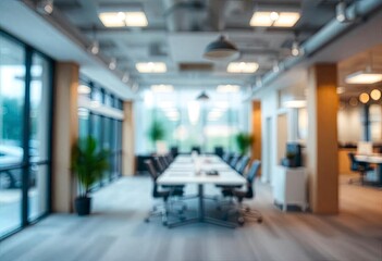 Beautiful blurred background of a light modern office interior with panoramic windows and beautiful lighting, ai